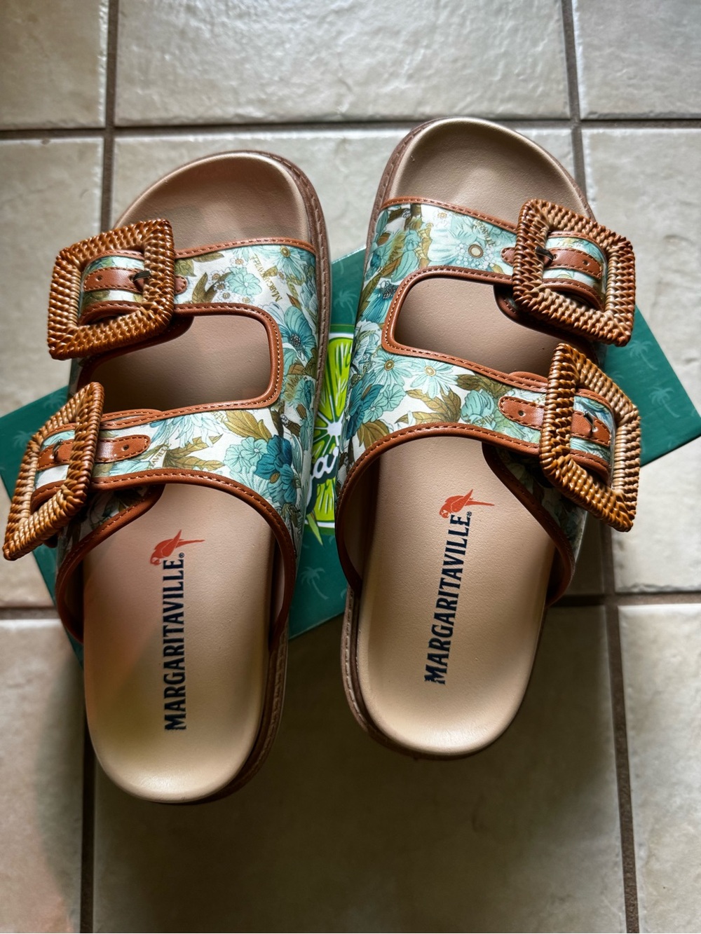 Margaritaville Teal Floral Double-Buckle Slide Sandals with Tan Trim Sz-9 NIB